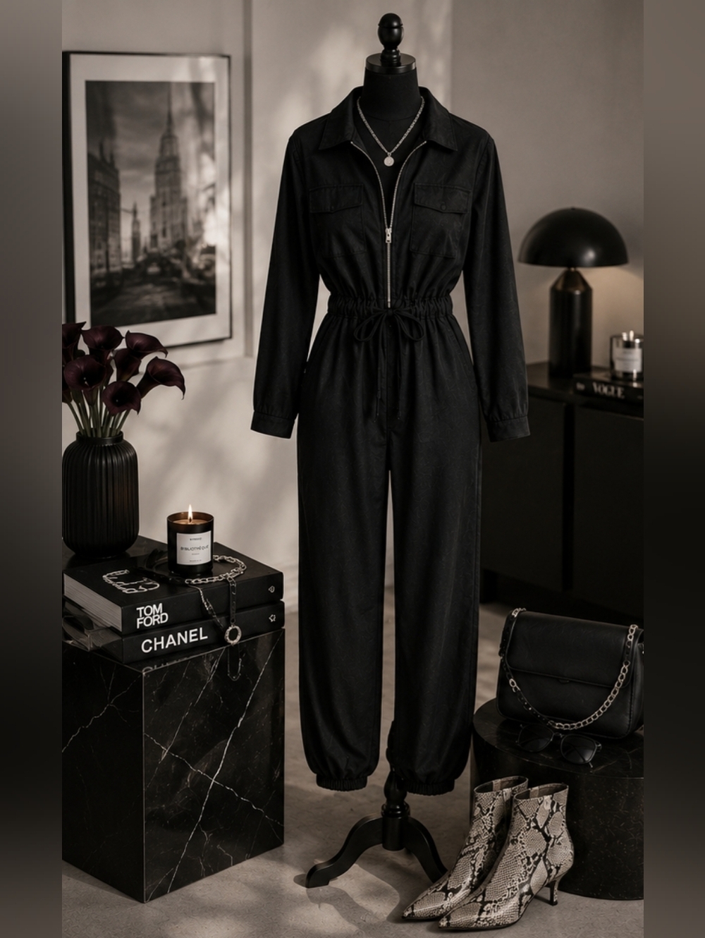 Cupshe Black Utility Jumpsuit – Size Small NWT | Elastic Waist, Street Chic Stap - Picture 1 of 11